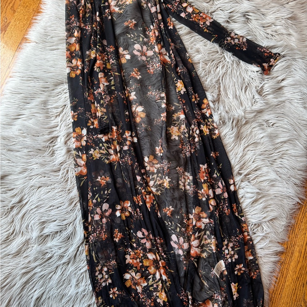 Black and Orange Floral Long Sleeve Kimono